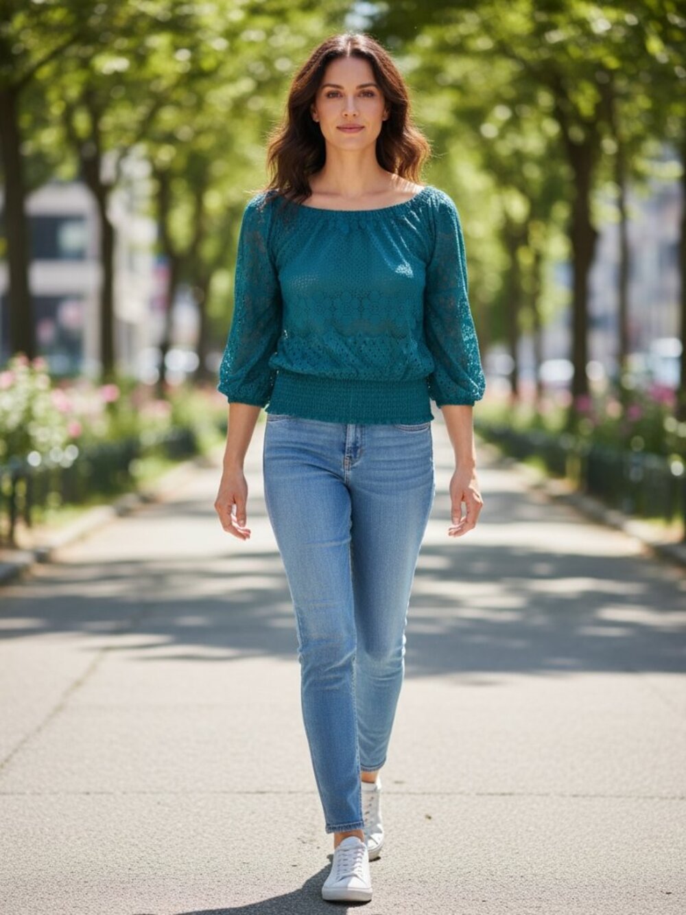 Analee + Hope‎ Lace Smocked Waist Top Sz M Teal #288F